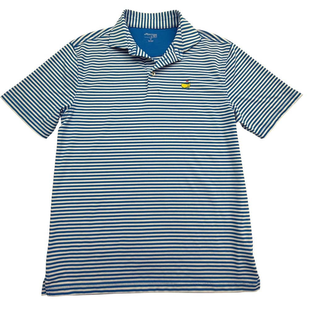 Masters Tech Polo Shirt Mens S Blue Striped Performance Golf Polyester Spandex